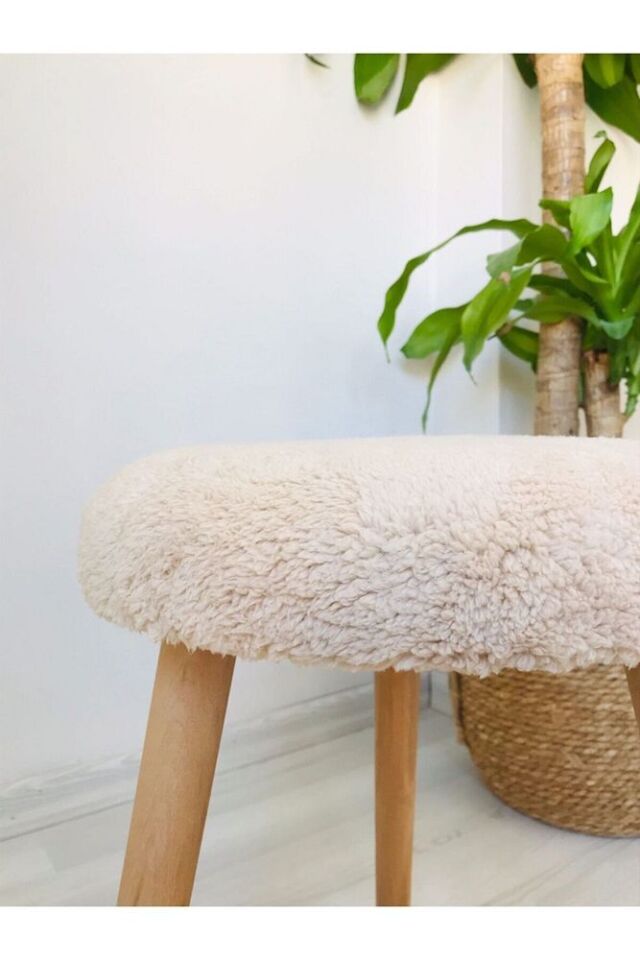 Gürgen Ahşap Retro Ayak Dekoratif Handmade Turuncu Peluş Puf Tabure Bench Koltuk Sandalye