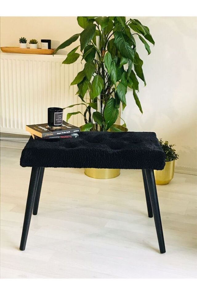 Gürgen Retro Ahşap Siyah Ayaklı Handmade Siyah Pofidik Puf Bench Koltuk Sandalye Wpprobench