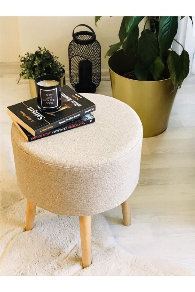 Gürgen Retro Ahşap Ayaklı Dekoratif Silindir Puf Bench Sandalye Dekoratif Ahşap Puf