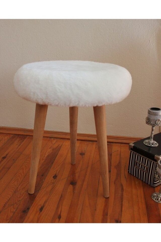 Gürgen Ahşap Retro Ayak Dekoratif Beyaz Pelüş Puf Tabure Bench Koltuk Sandalye