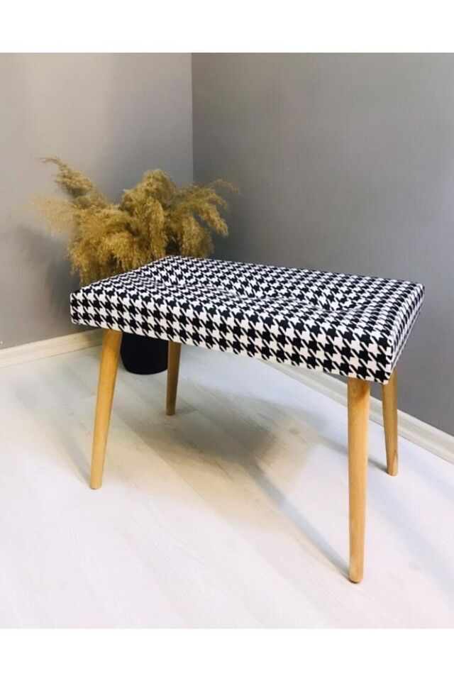 Gürgen Retro Ahşap Ayaklı Dekoratif Kazayağı Desenli Puf Bench Koltuk Sandalye