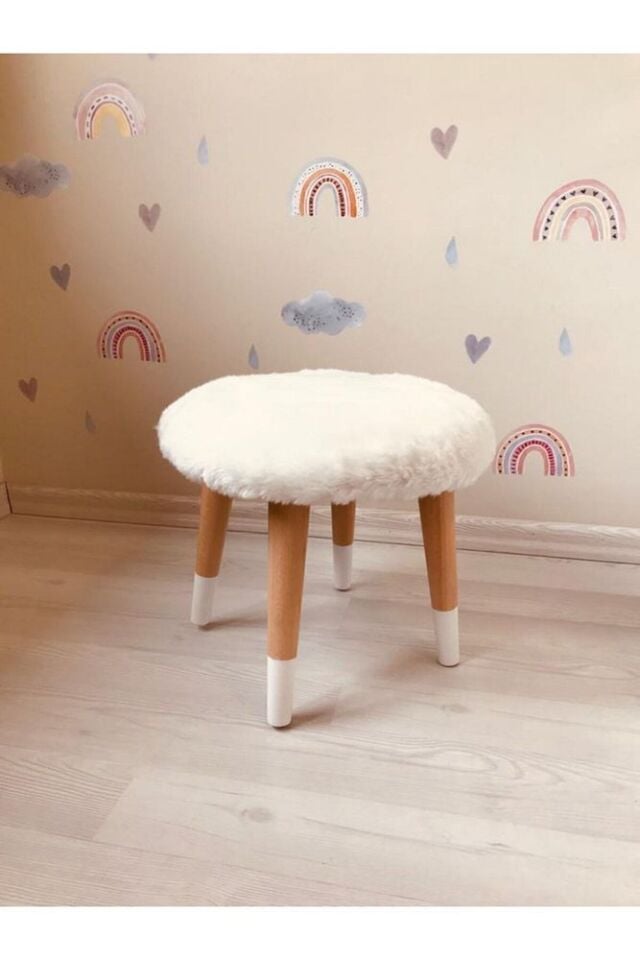 Neta Kıds Çocuk Odası Beyaz Peluş Çocuk Taburesi Çocuk Çalışma Masası Taburesi Sandalyesi