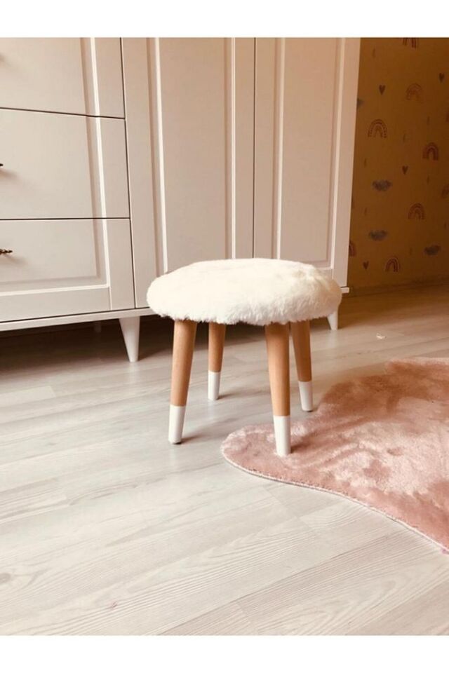 Neta Kıds Çocuk Odası Beyaz Peluş Çocuk Taburesi Çocuk Çalışma Masası Taburesi Sandalyesi