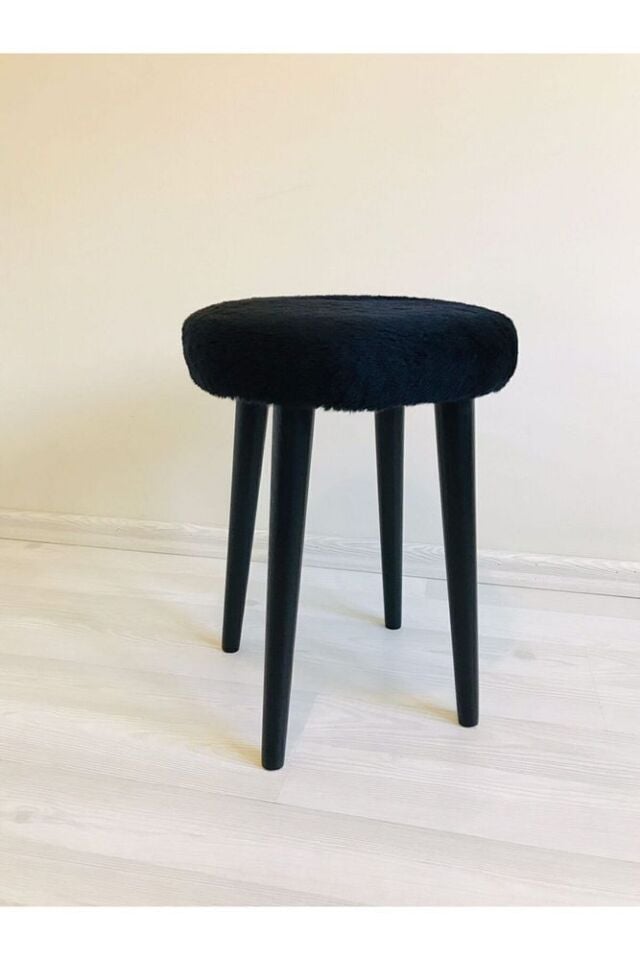 Ahşap Ayak Dekoratif Siyah Peluş Puf Tabure Bench Yuvarlak Koltuk Sandalye 4 Lü Ayak