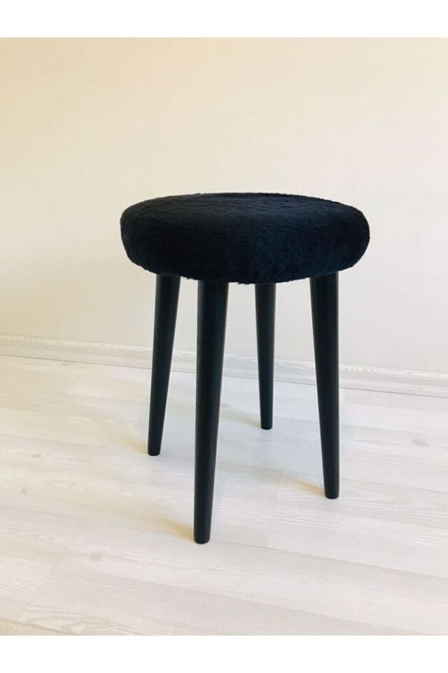 Ahşap Ayak Dekoratif Siyah Peluş Puf Tabure Bench Yuvarlak Koltuk Sandalye 4 Lü Ayak
