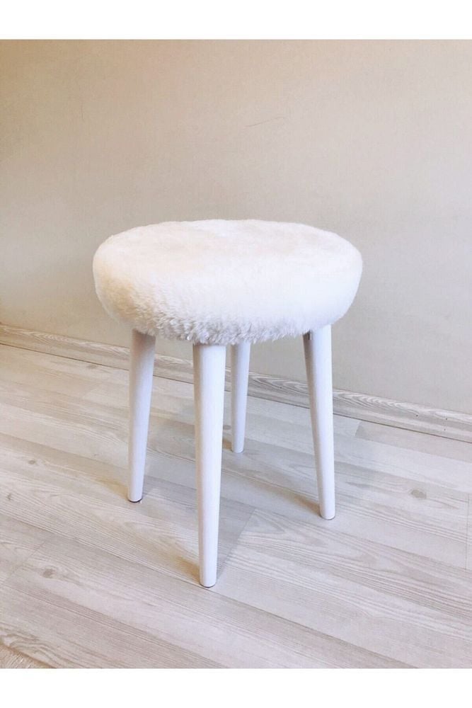 Neta Home Ahşap Ayak Dekoratif Beyaz Peluş Puf Tabure Bench Yuvarlak Koltuk Sandalye 4 Lü Ayak