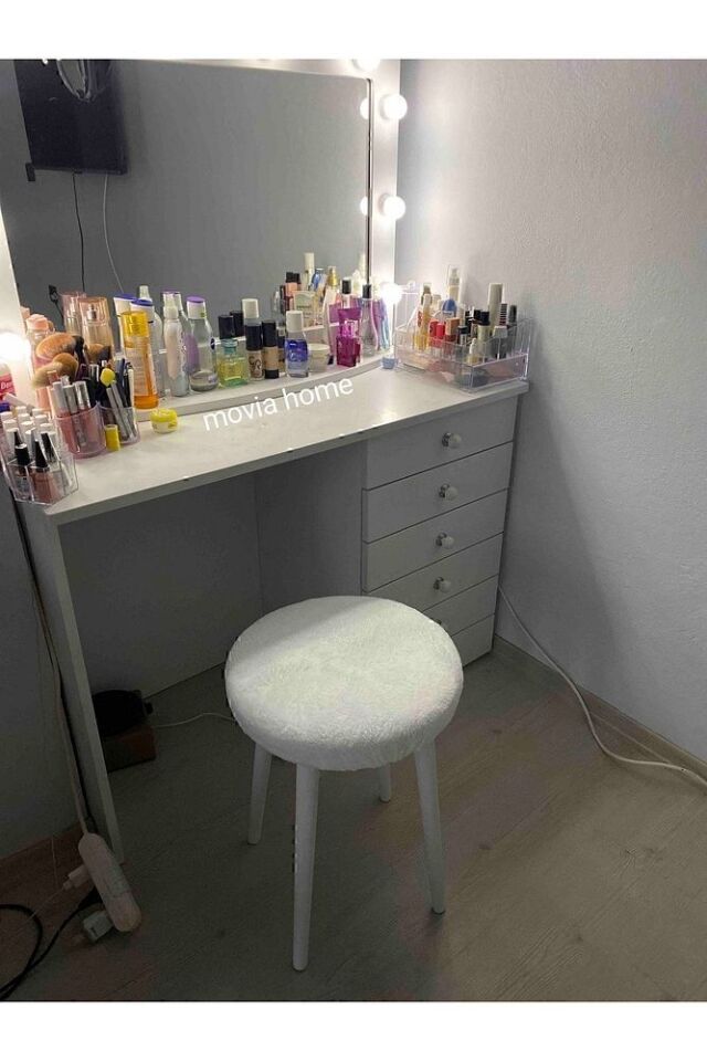 Neta Home Ahşap Ayak Dekoratif Beyaz Peluş Puf Tabure Bench Yuvarlak Koltuk Sandalye 4 Lü Ayak