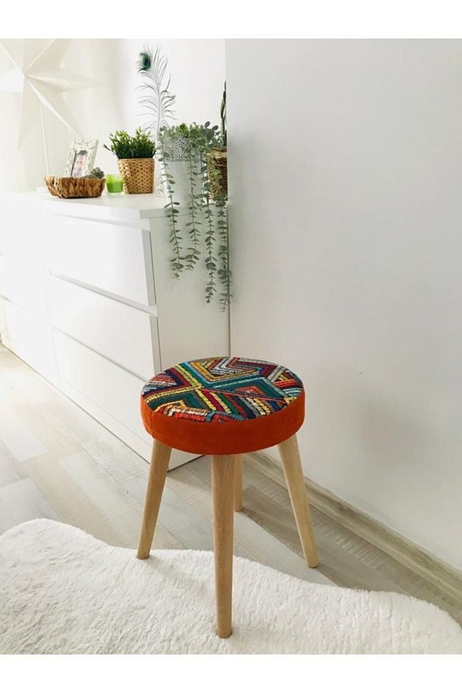 Ahşap Ayak Dekoratif Puf Tabure Bench Yuvarlak Koltuk Sandalye