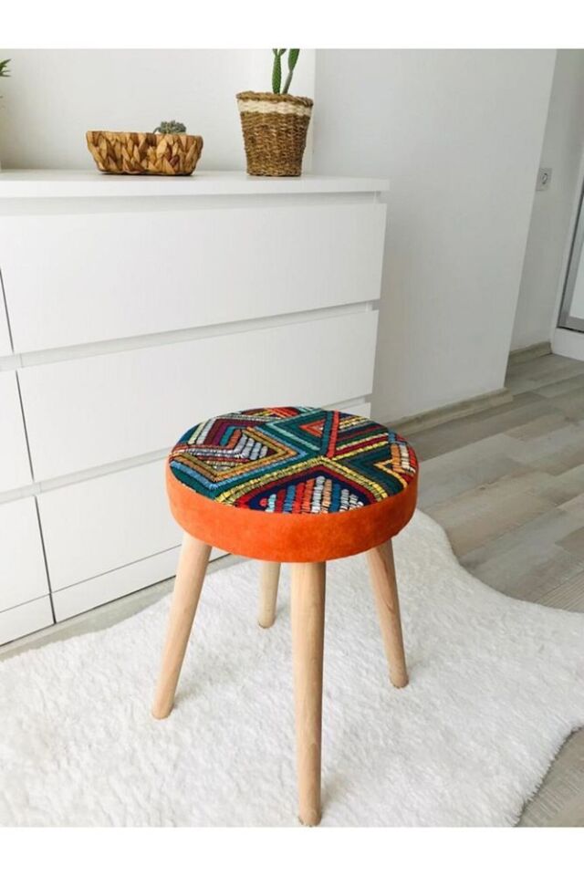 Ahşap Ayak Dekoratif Puf Tabure Bench Yuvarlak Koltuk Sandalye