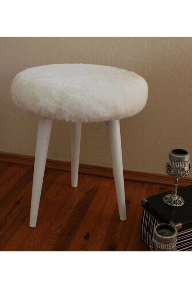 Gürgen Ahşap Retro Ayak Dekoratif Beyaz Peluş Puf Tabure Bench Koltuk Sandalye Beyaz Peluş