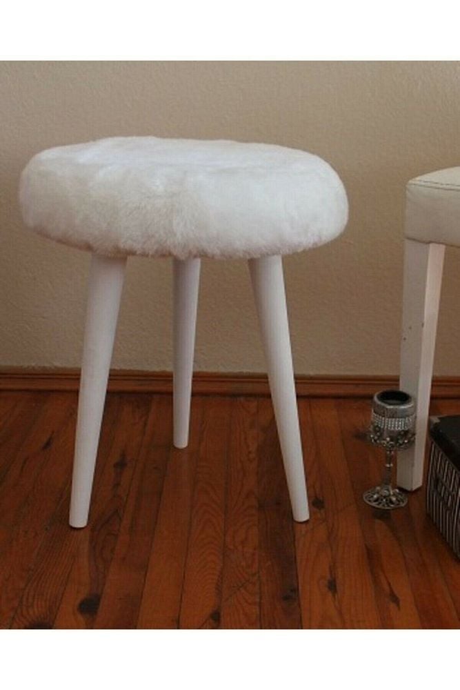 Gürgen Ahşap Retro Ayak Dekoratif Beyaz Peluş Puf Tabure Bench Koltuk Sandalye Beyaz Peluş