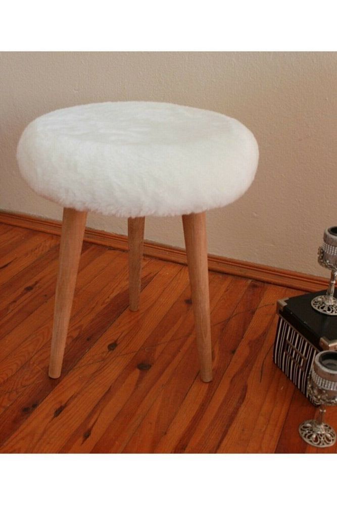 Gürgen Ahşap Retro Ayak Dekoratif Beyaz Peluş Puf Tabure Bench Koltuk Sandalye