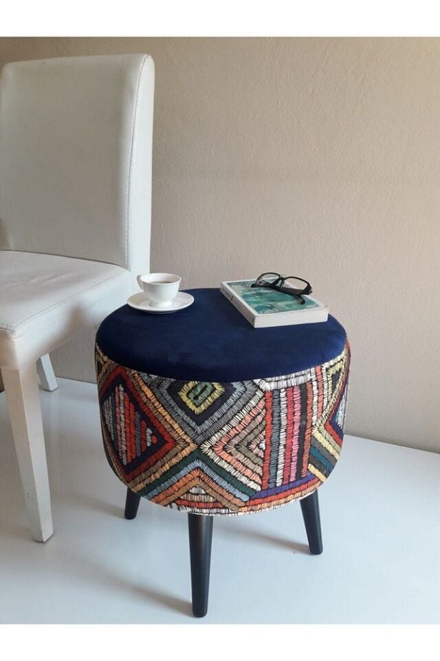Gürgen Retro Ahşap Ayaklı Dekoratif Etnik Üst Lacivert Desenli Puf Bench Koltuk Sandalye