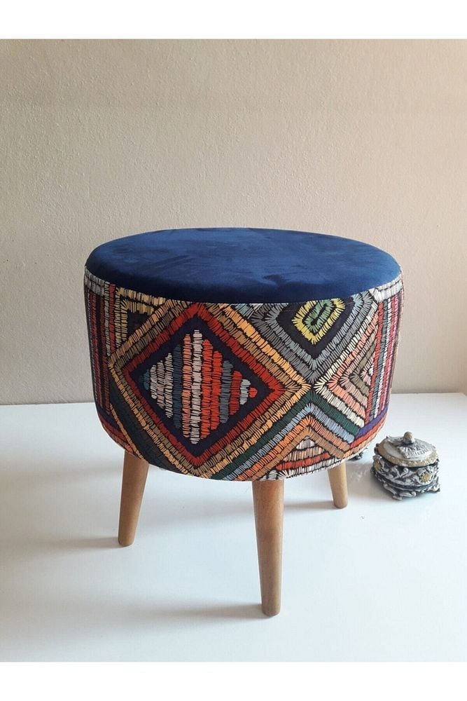 Gürgen Retro Ahşap Ayaklı Dekoratif Etnik Üst Lacivert Desenli Puf Bench Koltuk Sandalye