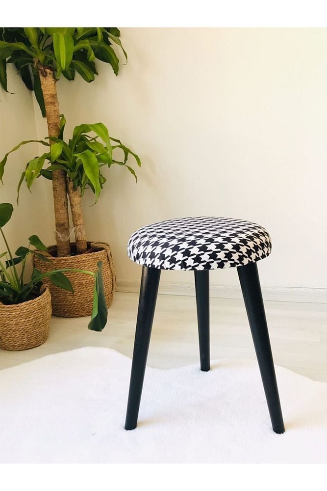 Ahşap Ayak Dekoratif Silinebilir Siyah Kumaş Puf Tabure Bench Yuvarlak Koltuk Sandalye