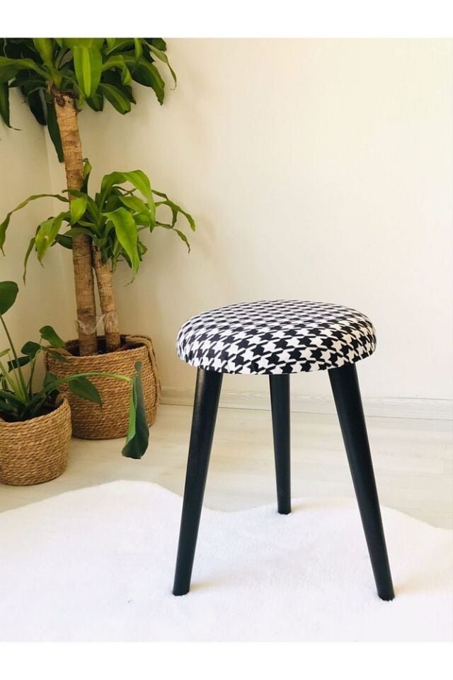 Ahşap Ayak Dekoratif Silinebilir Siyah Kumaş Puf Tabure Bench Yuvarlak Koltuk Sandalye