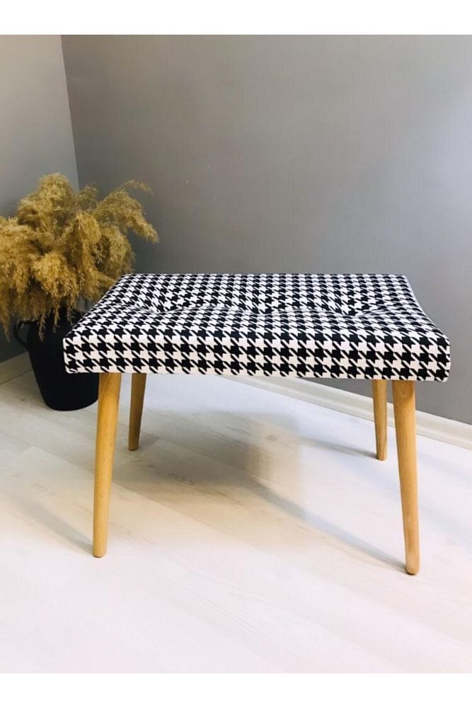 Gürgen Retro Ahşap Ayaklı Dekoratif Kazayağı Desenli Puf Bench Koltuk Sandalye Beyaz - Tek Ebat