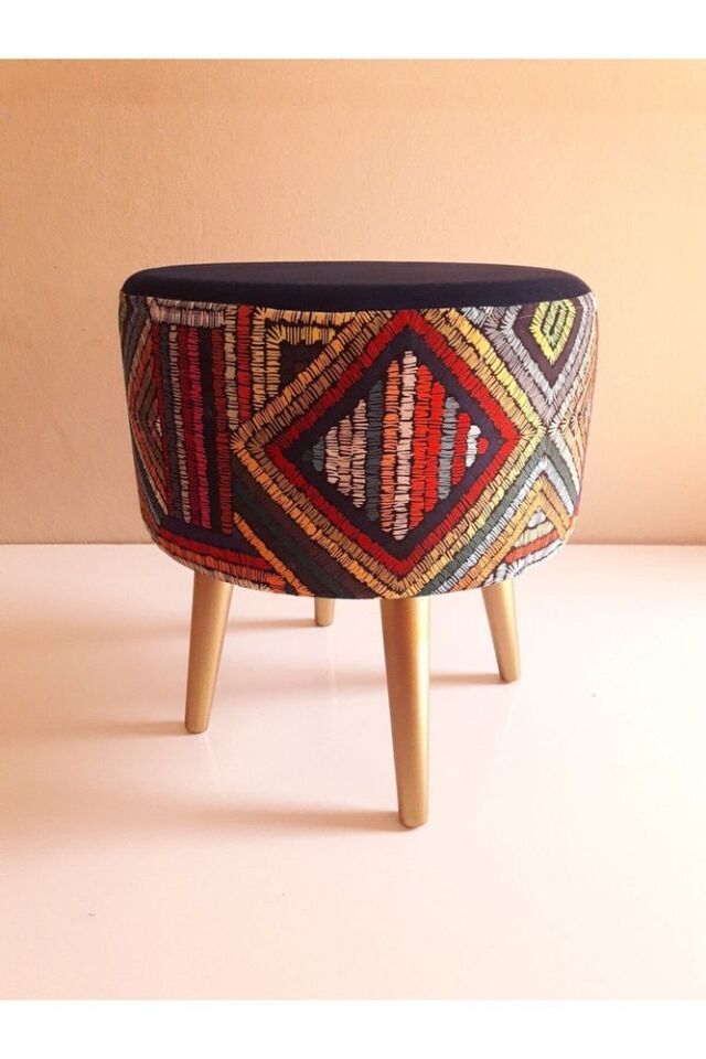 Gürgen Retro Ahşap Ayaklı Dekoratif Etnik Üst Lacivert Desenli Silindir Puf Bench Koltuk Sandalye lacivert üst etnik puf-gold ayak - Tek Ebat