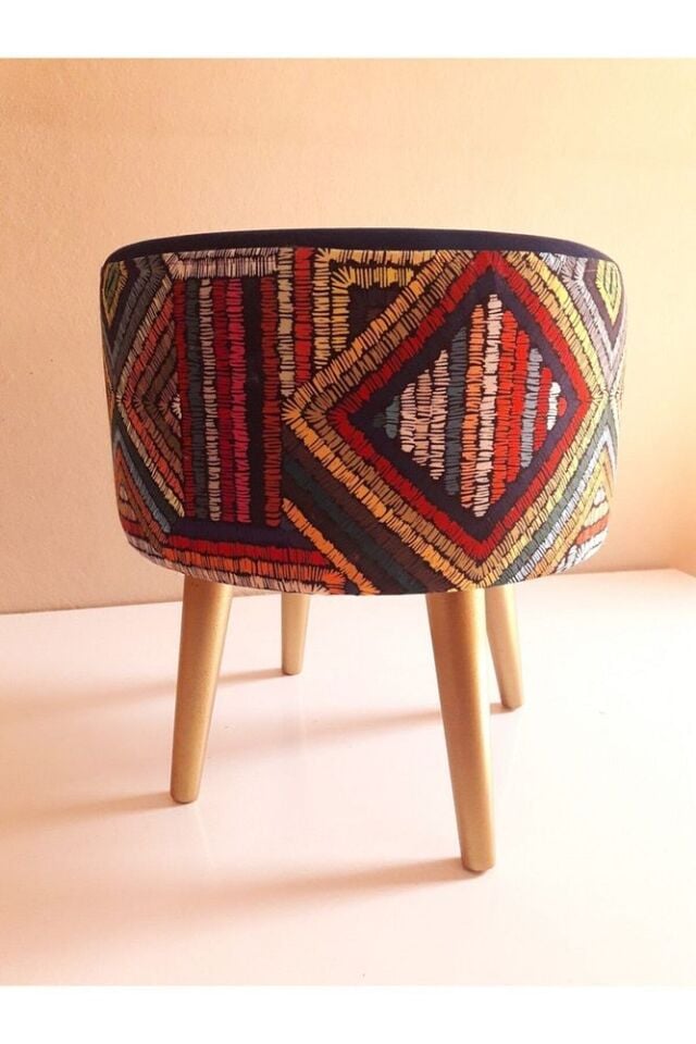 Gürgen Retro Ahşap Ayaklı Dekoratif Etnik Üst Lacivert Desenli Silindir Puf Bench Koltuk Sandalye lacivert üst etnik puf-gold ayak - Tek Ebat