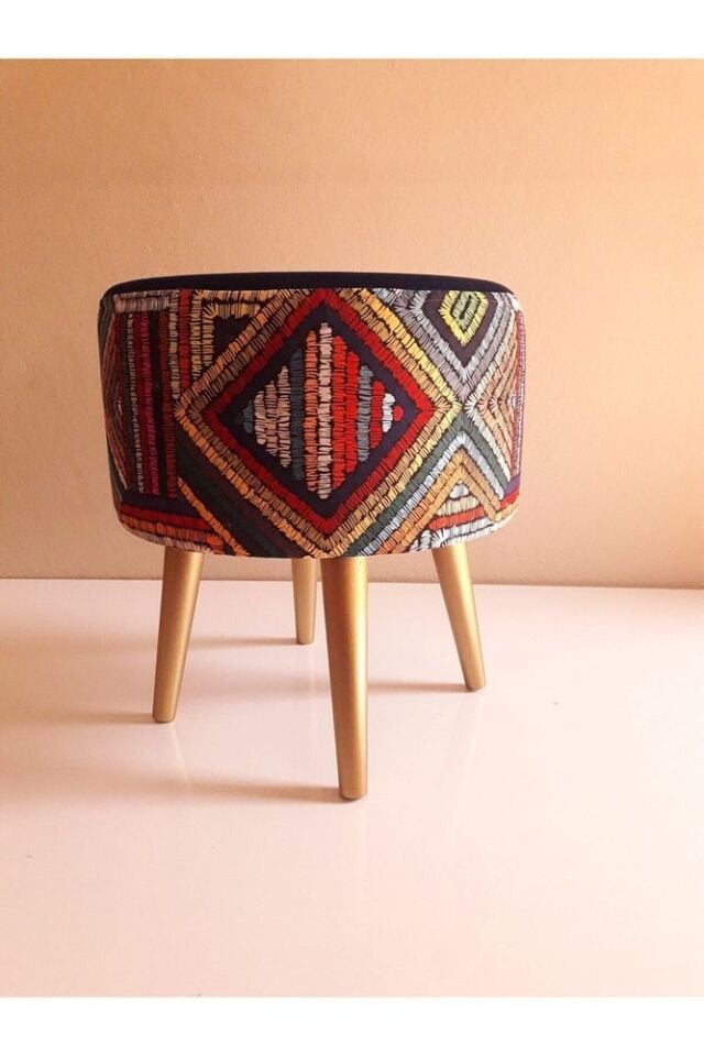 Gürgen Retro Ahşap Ayaklı Dekoratif Etnik Üst Lacivert Desenli Silindir Puf Bench Koltuk Sandalye lacivert üst etnik puf-gold ayak - Tek Ebat