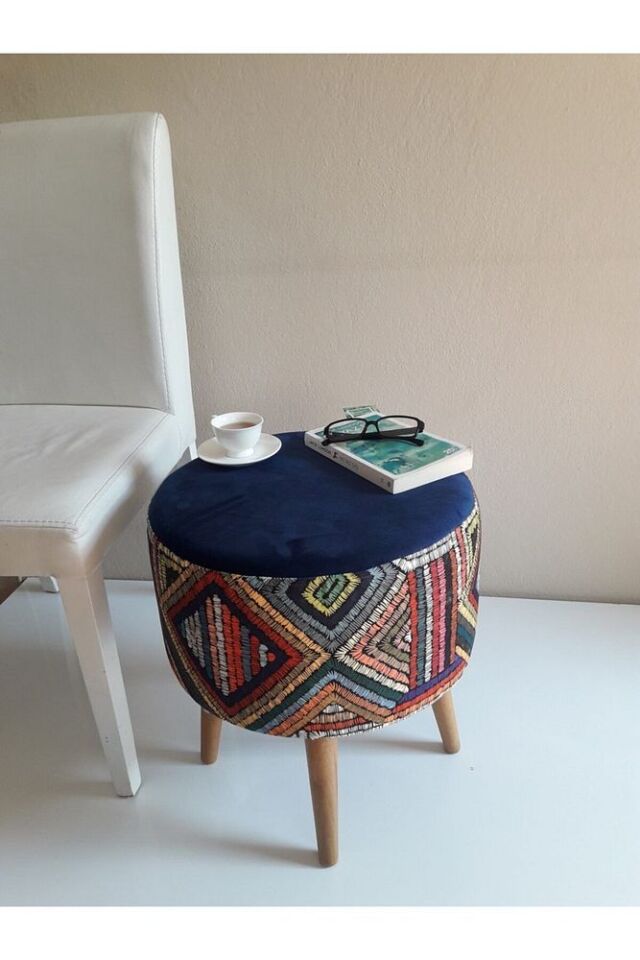 Gürgen Retro Ahşap Ayaklı Dekoratif Etnik Üst Lacivert Desenli Silindir Puf Bench Koltuk Sandalye lacivert üst etnik puf-gold ayak - Tek Ebat