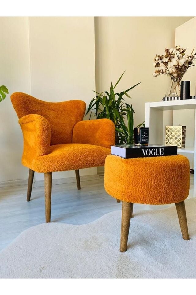 Teddy Berjer ,salon, Balkon, Ofis, Bekleme, Güzellik Merkezi Berjer Artı Puf Takım Turuncu