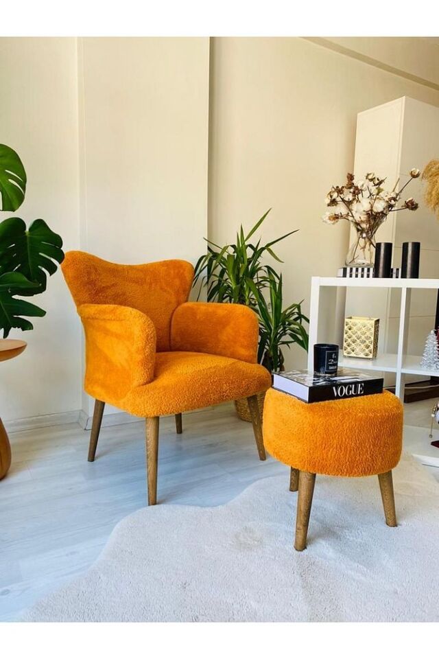 Teddy Berjer ,salon, Balkon, Ofis, Bekleme, Güzellik Merkezi Berjer Artı Puf Takım Turuncu
