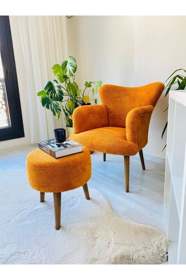 Teddy Berjer ,salon, Balkon, Ofis, Bekleme, Güzellik Merkezi Berjer Artı Puf Takım Turuncu