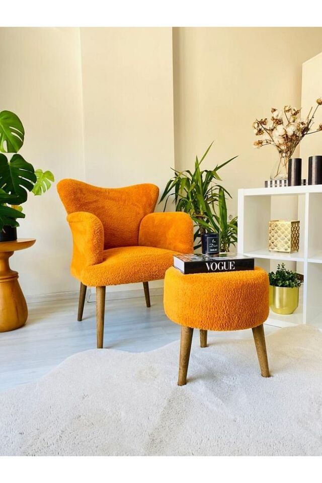 Teddy Berjer ,salon, Balkon, Ofis, Bekleme, Güzellik Merkezi Berjer Artı Puf Takım Turuncu