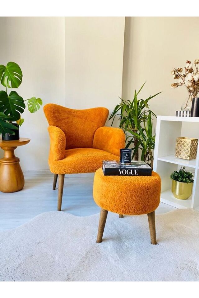 Teddy Berjer ,salon, Balkon, Ofis, Bekleme, Güzellik Merkezi Berjer Artı Puf Takım Turuncu