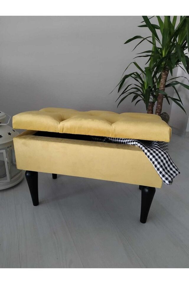 Retro Gürgen Ahşap Ayaklı Sandıklı Puf (sarı)