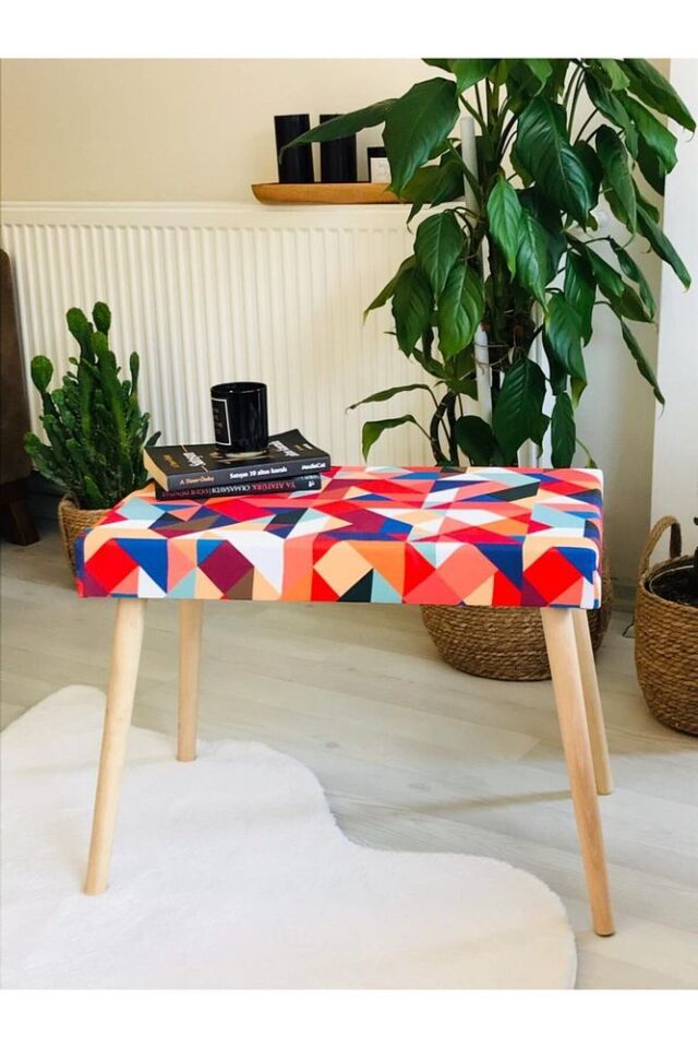 Gürgen Retro Ahşap Ayaklı Handmade Renkli Puf Bench Koltuk Sandalye