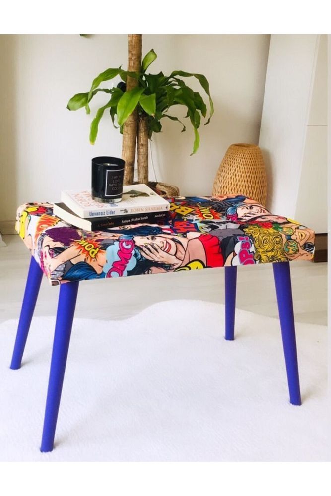 Lacivert Gürgen Retro Ahşap Ayaklı Dekoratif Puf Bench Koltuk Sandalye