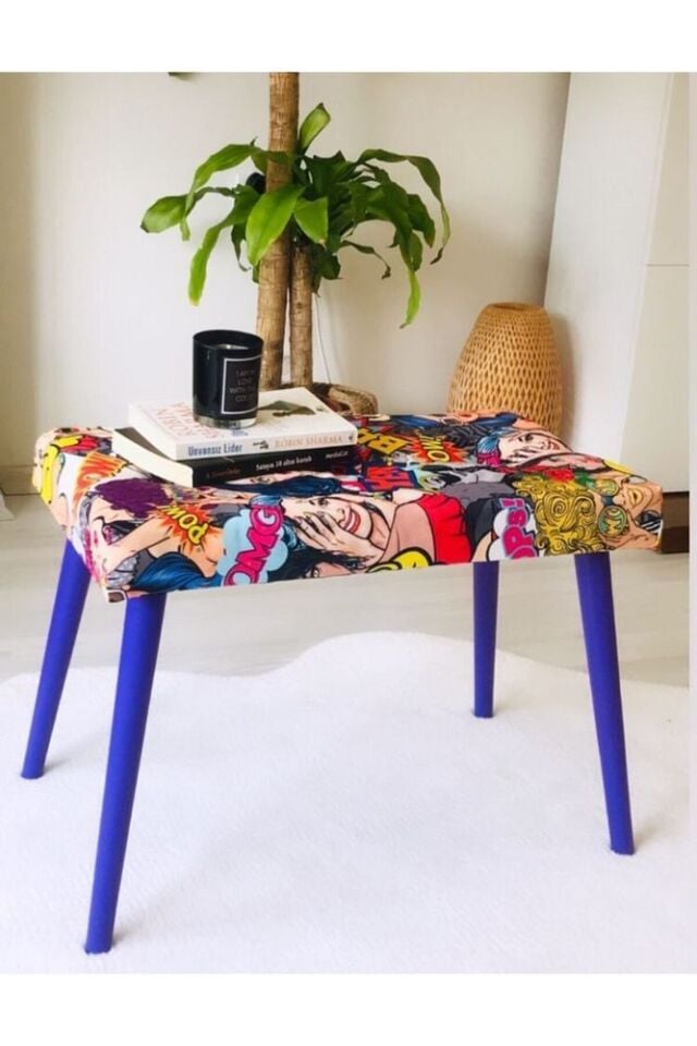 Lacivert Gürgen Retro Ahşap Ayaklı Dekoratif Puf Bench Koltuk Sandalye