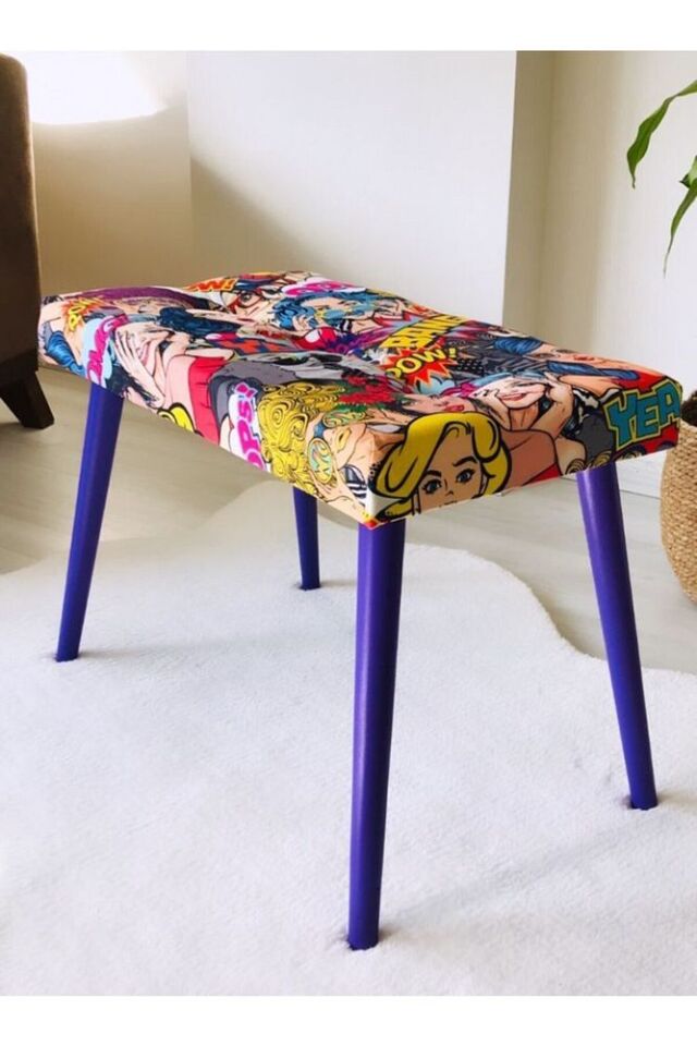 Lacivert Gürgen Retro Ahşap Ayaklı Dekoratif Puf Bench Koltuk Sandalye
