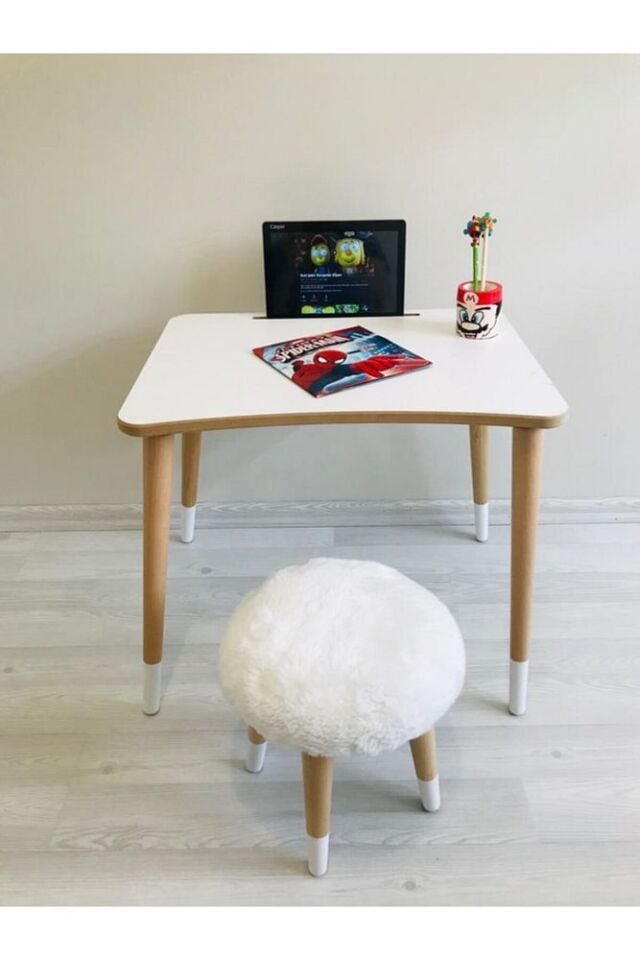 Neta Kıds Beyaz Peluş Tabure Çocuk Aktivite Laptop Tablet Masa Takımı