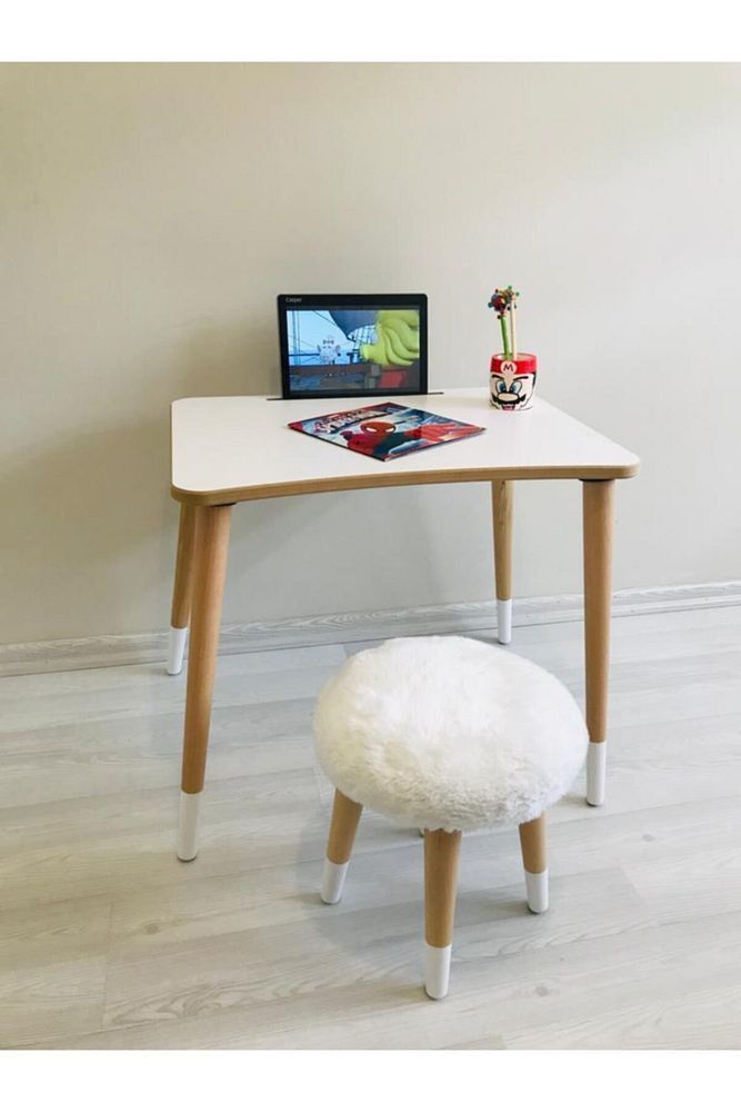 Neta Kıds Beyaz Peluş Tabure Çocuk Aktivite Laptop Tablet Masa Takımı