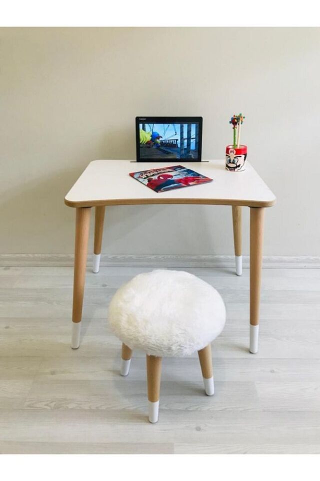 Neta Kıds Beyaz Peluş Tabure Çocuk Aktivite Laptop Tablet Masa Takımı