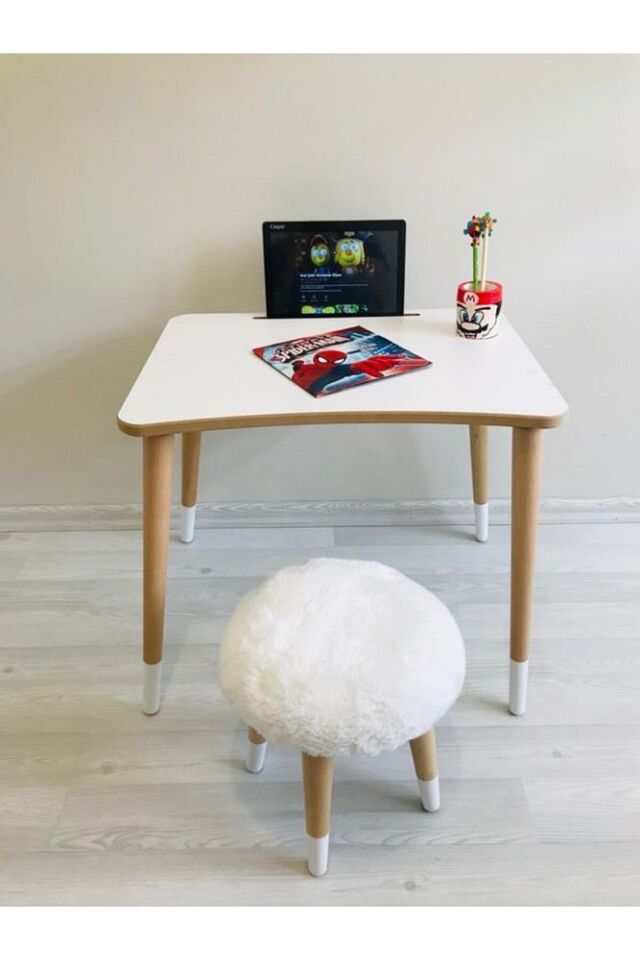 Neta Kıds Beyaz Peluş Tabure Çocuk Aktivite Laptop Tablet Masa Takımı