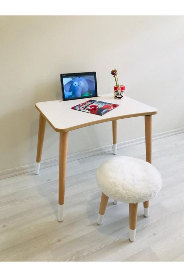 Neta Kıds Beyaz Peluş Tabure Çocuk Aktivite Laptop Tablet Masa Takımı