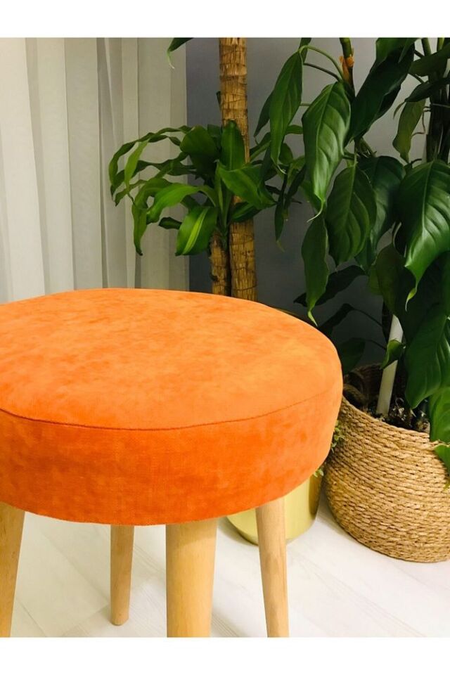 Ahşap Ayak Dekoratif Turuncu Puf Tabure Bench Yuvarlak Koltuk Sandalye