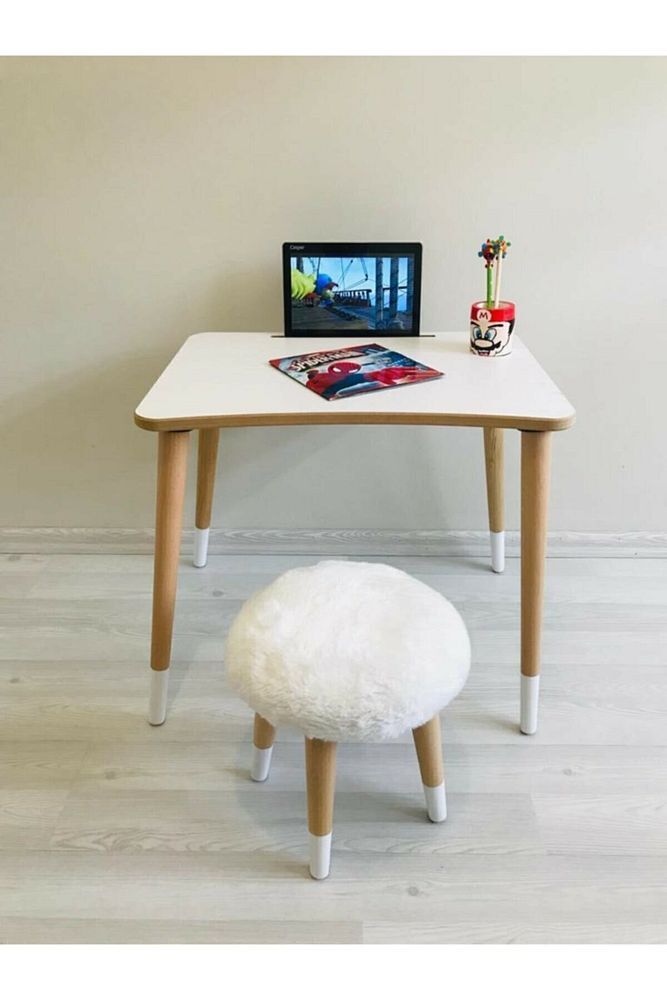 Beyaz Peluş Tabure Çocuk Aktivite Laptop Tablet Masa Takımı