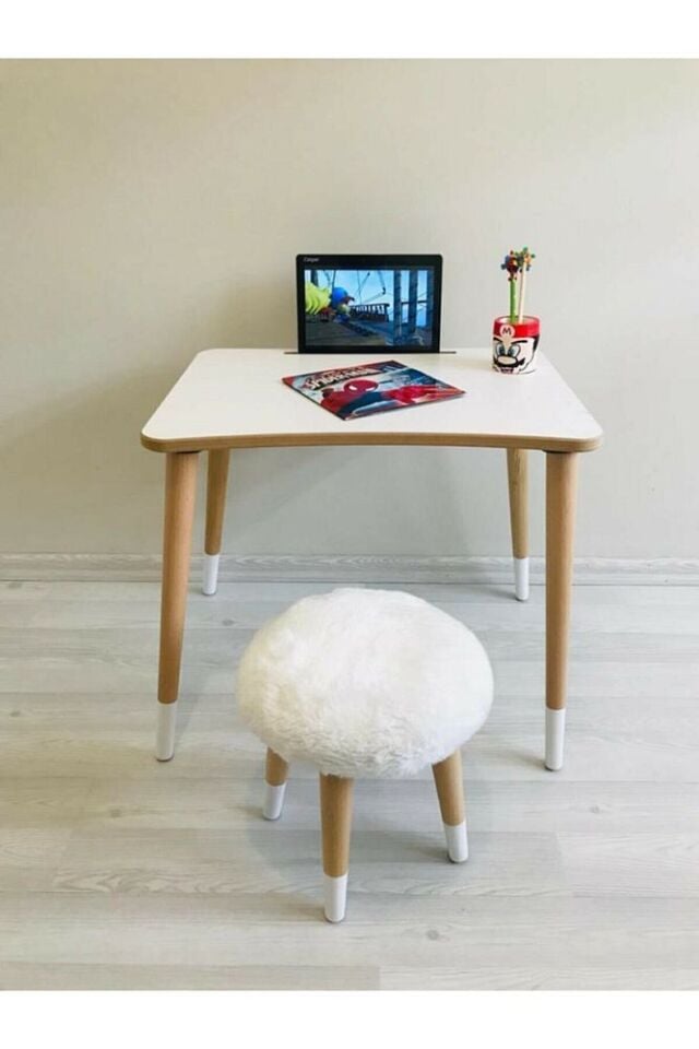 Beyaz Peluş Tabure Çocuk Aktivite Laptop Tablet Masa Takımı