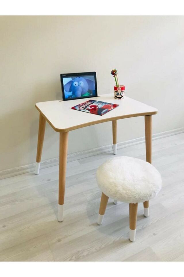 Beyaz Peluş Tabure Çocuk Aktivite Laptop Tablet Masa Takımı
