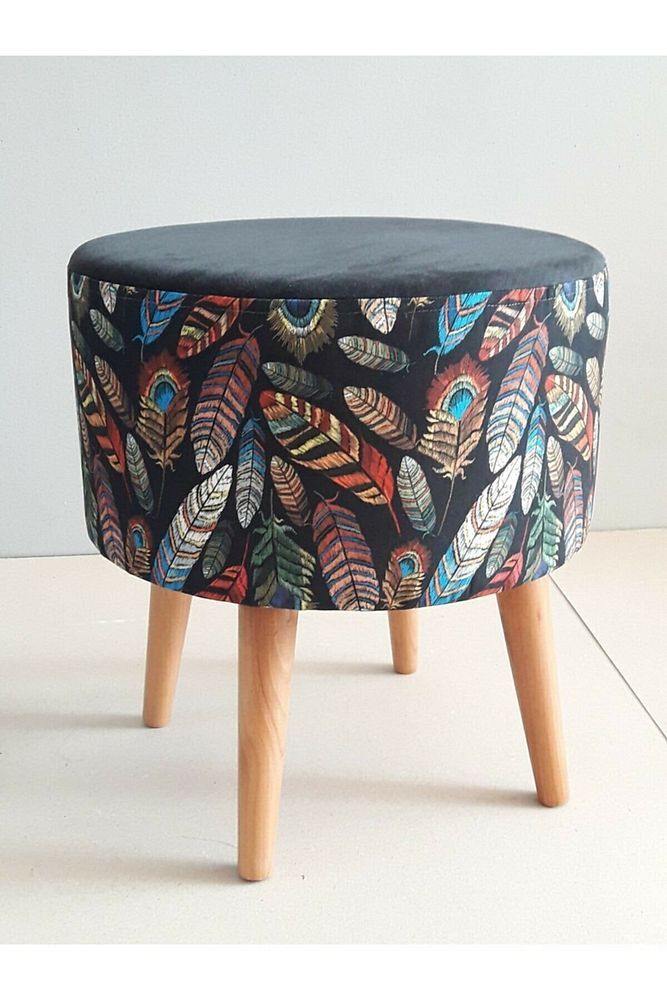 Gürgen Retro Ahşap Ayaklı Dekoratif Kuş Tüyü Desenli Silindir Puf Bench Koltuk Sandalye