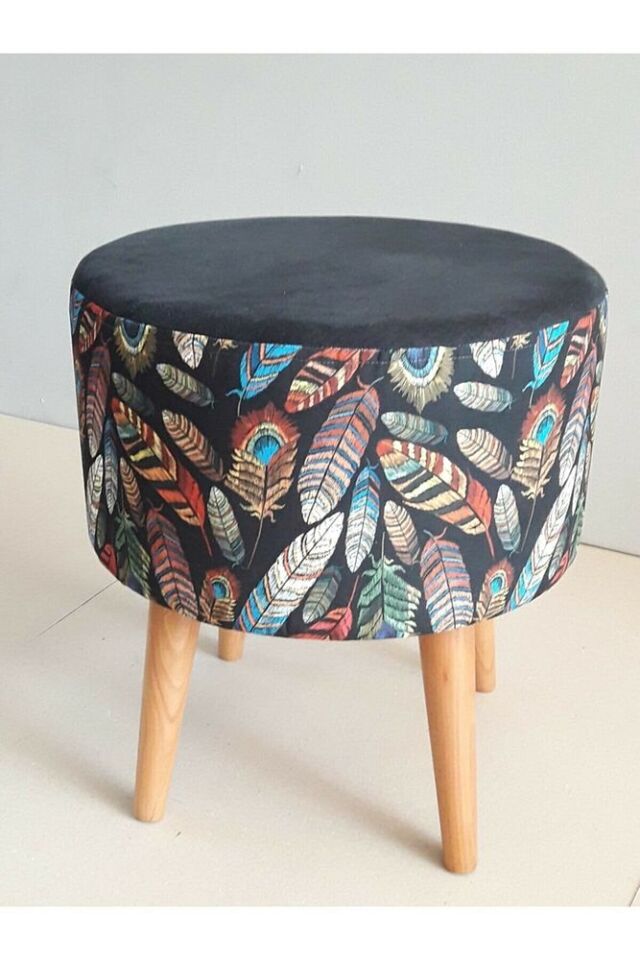 Gürgen Retro Ahşap Ayaklı Dekoratif Kuş Tüyü Desenli Silindir Puf Bench Koltuk Sandalye