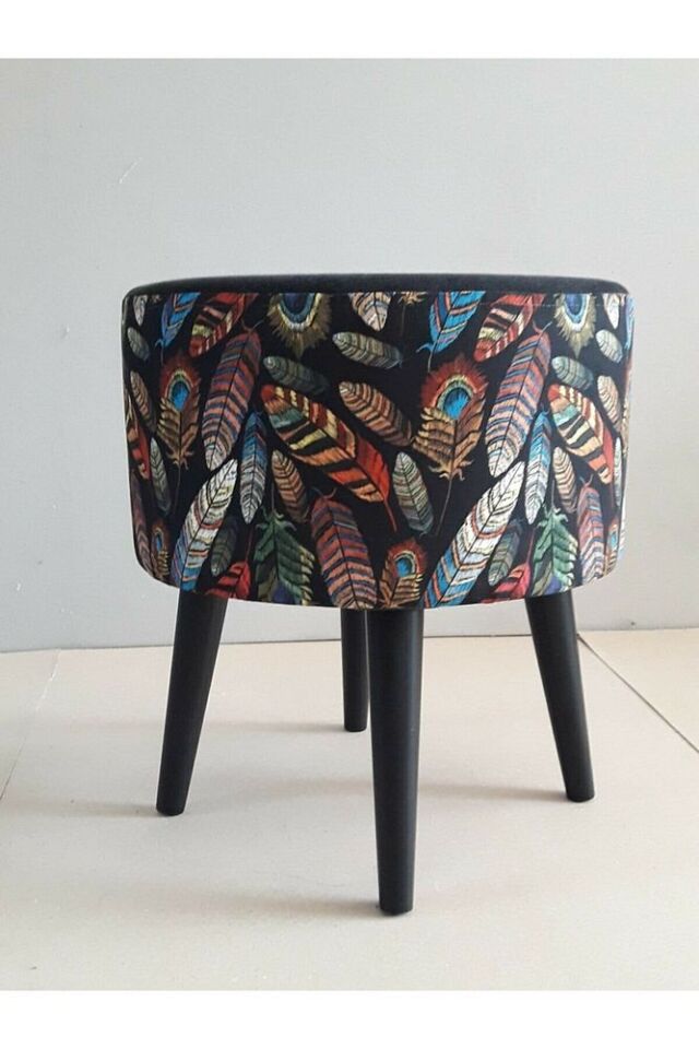 Gürgen Retro Ahşap Ayaklı Dekoratif Kuştüyü Desenli Silindir Puf Bench Koltuk Sandalye