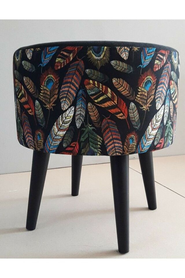 Gürgen Retro Ahşap Ayaklı Dekoratif Kuştüyü Desenli Silindir Puf Bench Koltuk Sandalye