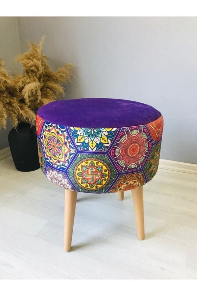 Gürgen Retro Ahşap Ayaklı Dekoratif Etnik Desenli Puf Bench Koltuk Sandalye