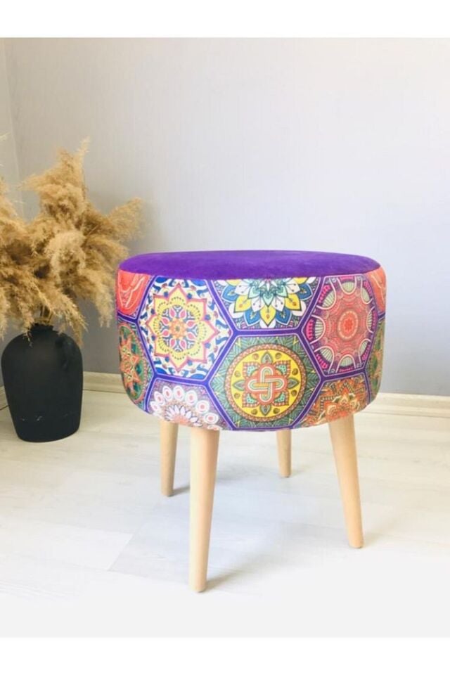 Gürgen Retro Ahşap Ayaklı Dekoratif Etnik Desenli Puf Bench Koltuk Sandalye